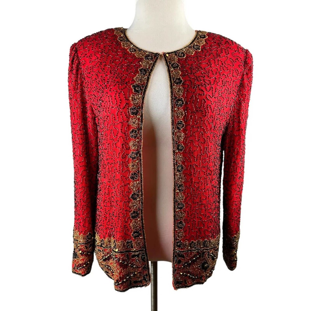 *Flawed* Vintage Laurence Kazar Silk Beaded Embellished Jacket Red Plus Size 2X - Picture 6 of 16